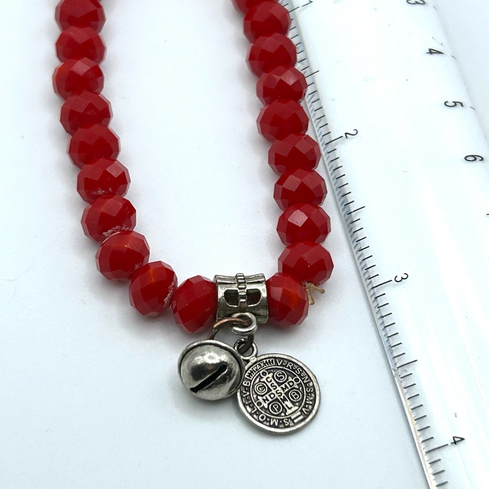 St. Benedict Religious Red Bead Stretchy Bracelet with bell